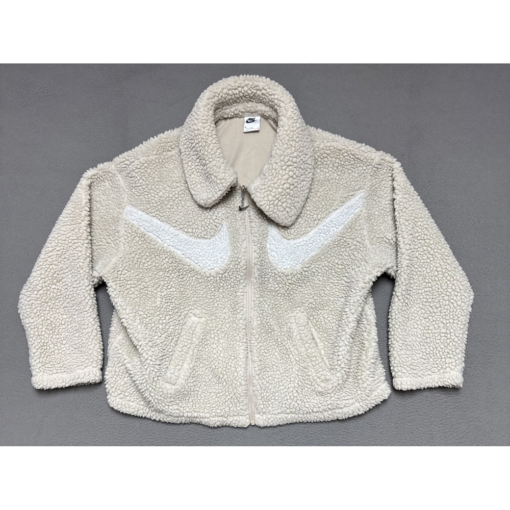 Nike Womens Faux Fur Sail Off White Jacket M Big Swoosh High Pile Sherpa Fleece
